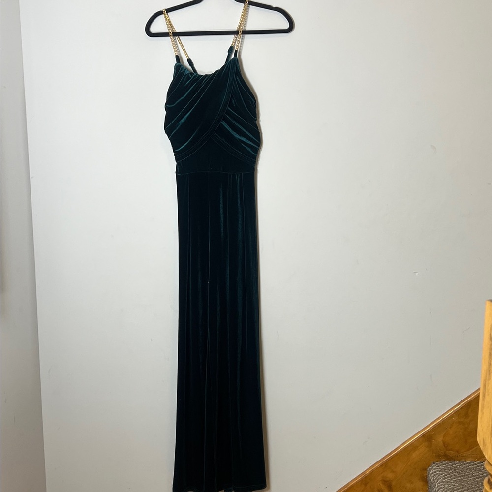 Cider Women’s Deep Green Velvet Elegant Jumpsuit with Gold‎ Straps Size Small